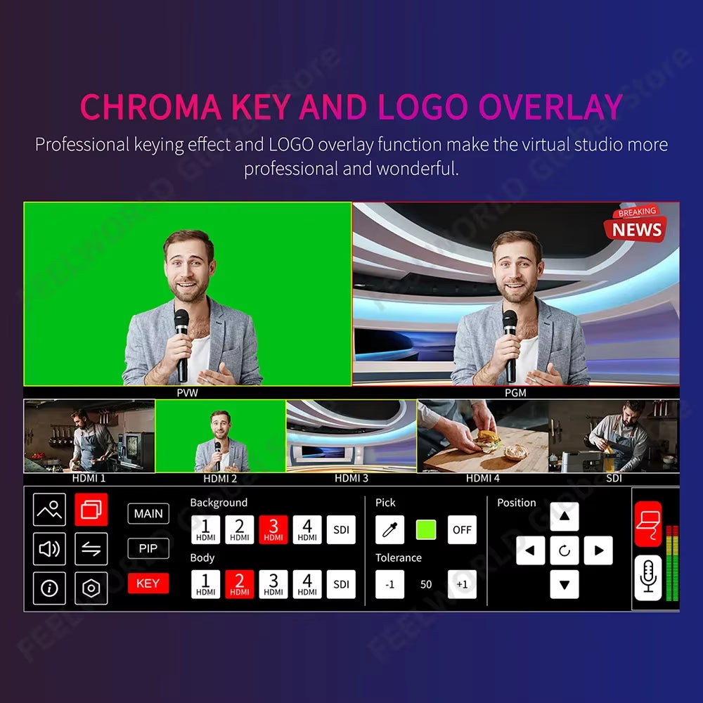 L4 10.1 Inch Multi Camera Video Mixer Switcher with Touch Screen 4Xhdmi 1Xsdi Inputs Chroma Key USB3.0 Live Streaming