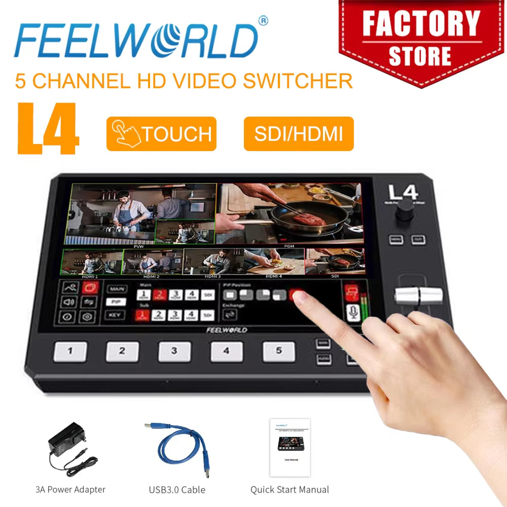 L4 10.1 Inch Multi Camera Video Mixer Switcher with Touch Screen 4Xhdmi 1Xsdi Inputs Chroma Key USB3.0 Live Streaming