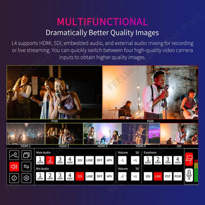 L4 10.1 Inch Multi Camera Video Mixer Switcher with Touch Screen 4Xhdmi 1Xsdi Inputs Chroma Key USB3.0 Live Streaming