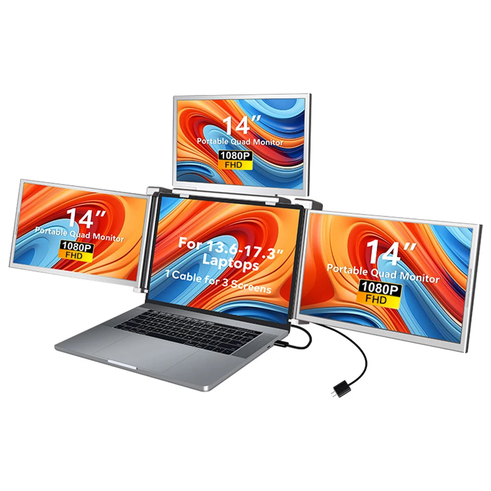 14 Inches Laptop Expansion Screen 1080P FHD Quad-Screen Monitor Driver Quick Installation Monitor with 1 Cable for 3 Displays