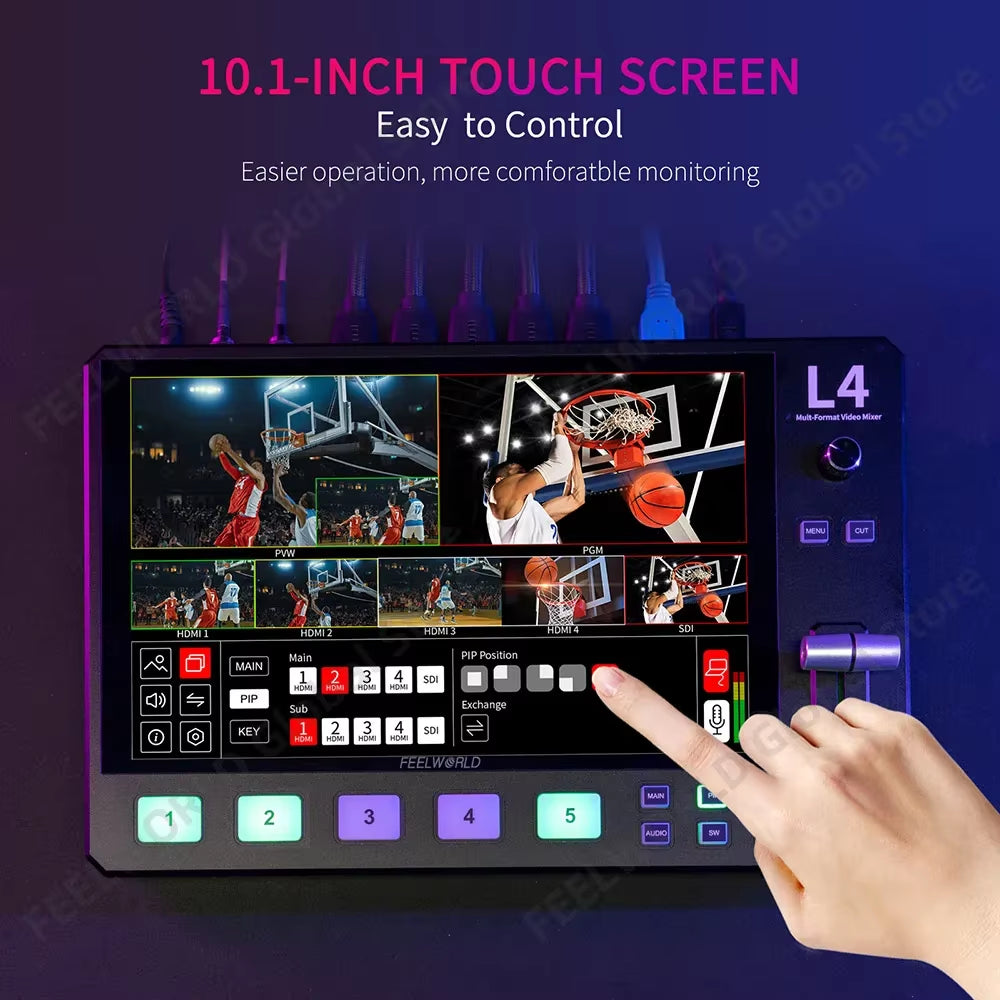 L4 10.1 Inch Multi Camera Video Mixer Switcher with Touch Screen 4Xhdmi 1Xsdi Inputs Chroma Key USB3.0 Live Streaming