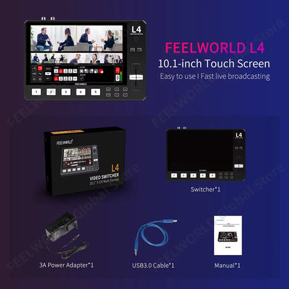 L4 10.1 Inch Multi Camera Video Mixer Switcher with Touch Screen 4Xhdmi 1Xsdi Inputs Chroma Key USB3.0 Live Streaming